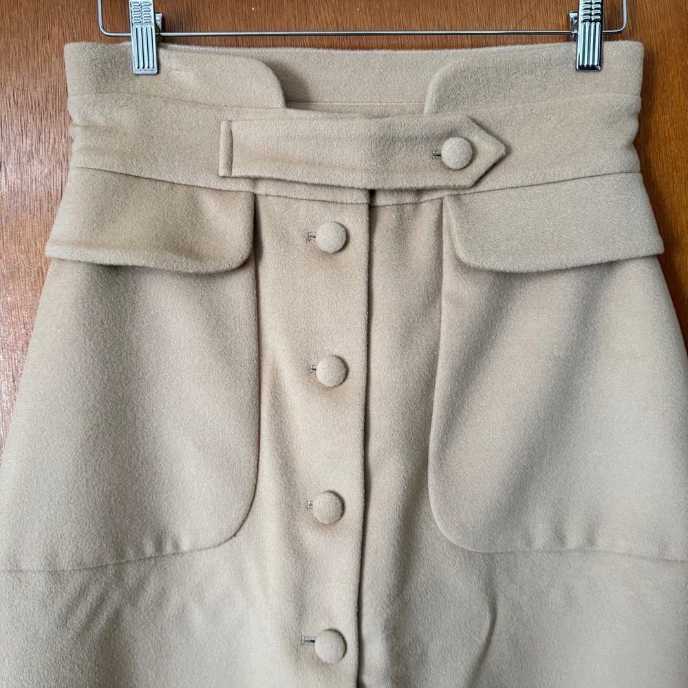 Behida Dolic Elegant Tan High-Waisted Button Front Wool Midi Skirt - Size L - Picture 5 of 13